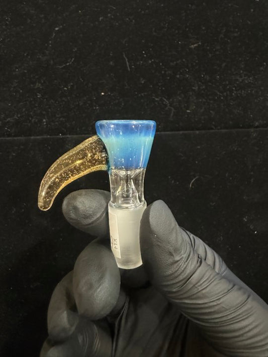14mm slide with horn. American glass. Horn is fumed gold, bowl on slide is fumed blue