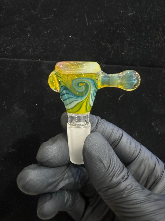 Bowl, 14mm with yellow and blue with a handle