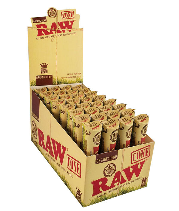 Raw Organic Hemp King Size. 32 packs per box, 3 cones per pack.