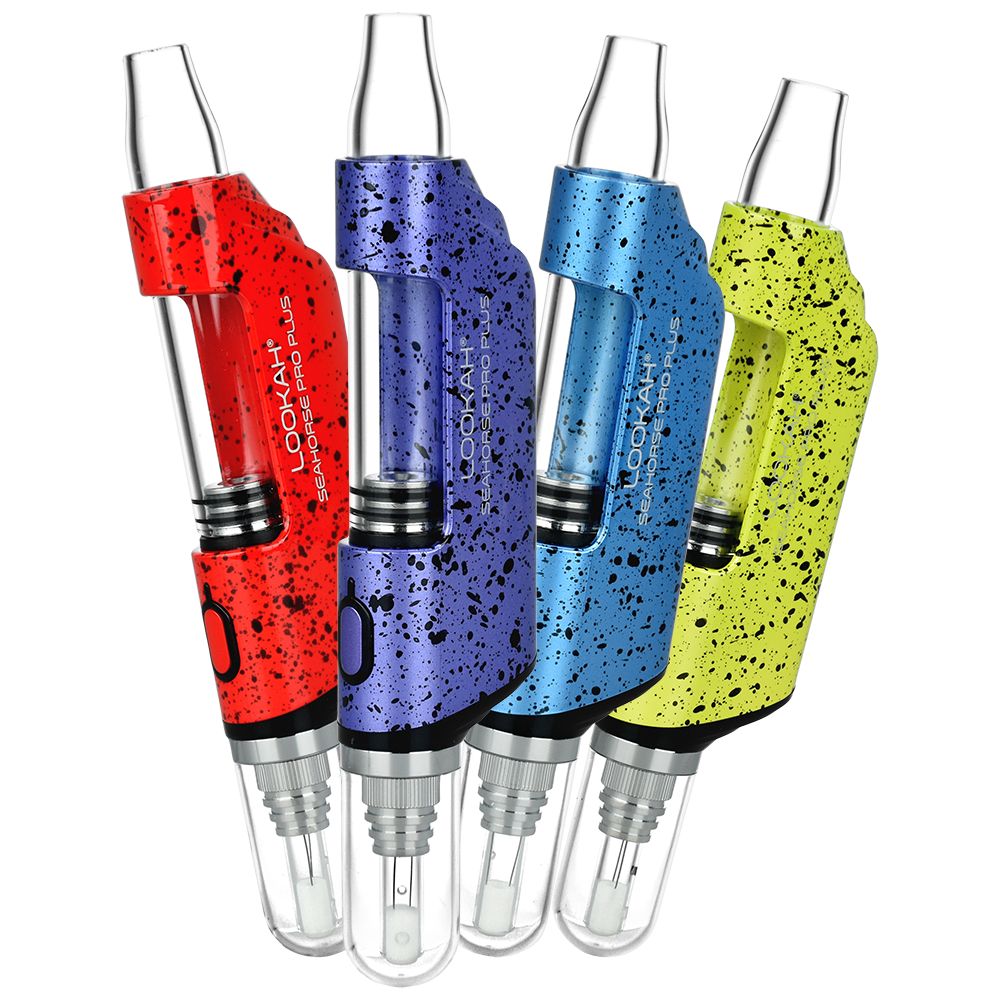 Lookah Seahorse Pro Plus red with black splatter, dark blue with black splatter, light blue with black smatter and yellow with black splatter