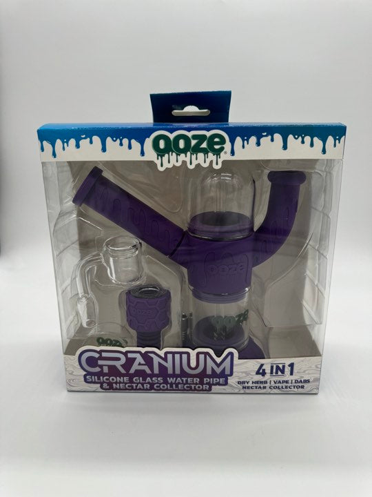 is a 4-in-1 hybrid piece that is made of silicone and glass and can be used as a bong, a dab rig, a dab straw, and a vape pen adapter. It has a crazy, unique shape that looks like something a mad scientist dreamed up