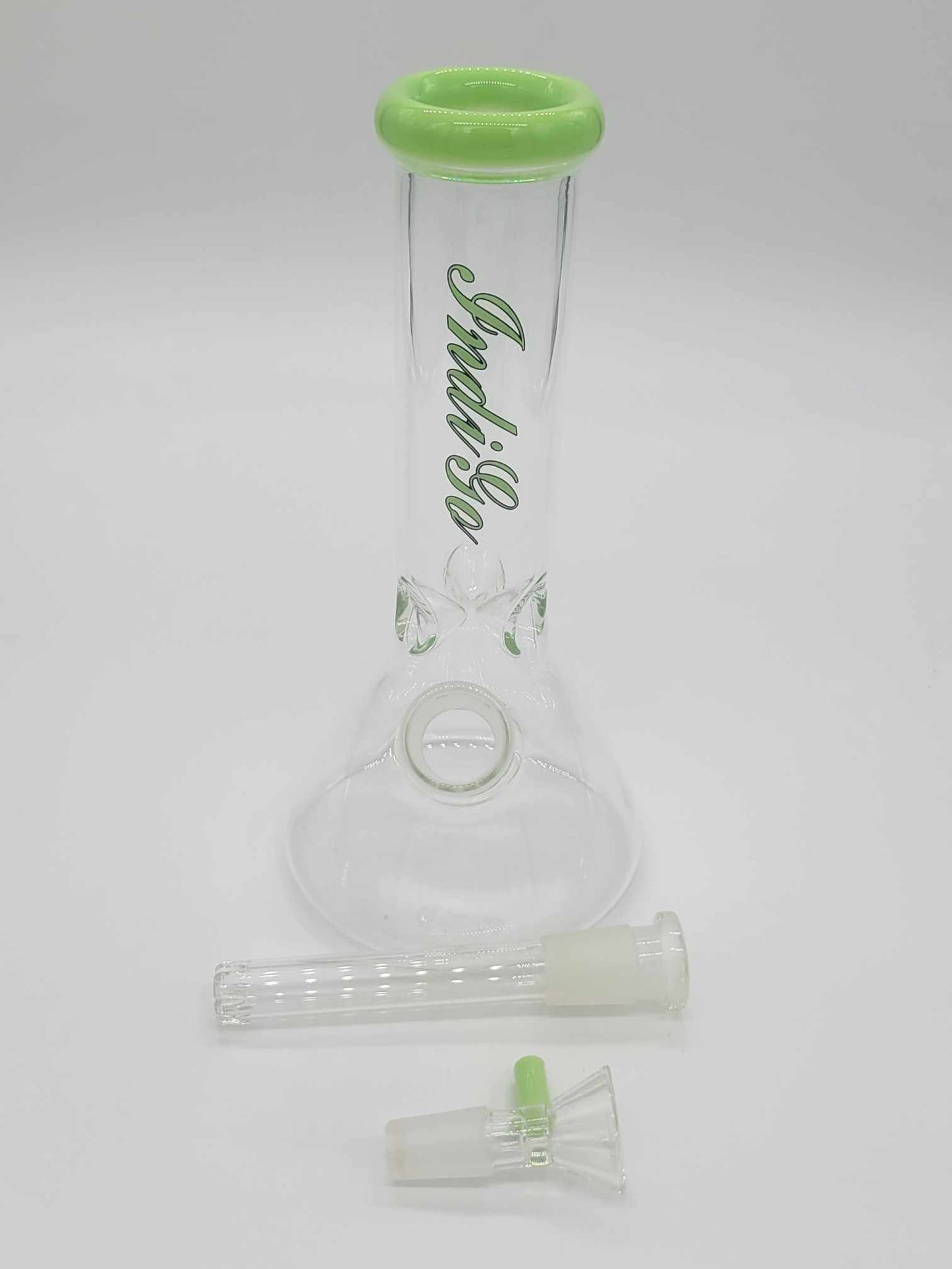 8 inch Indico Beaker with green accents, all removable pieces for easy cleaning